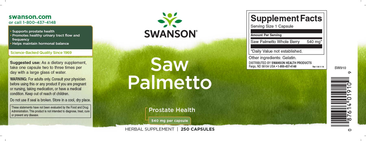 Swanson Saw Palmetto - 540 mg 250 capsules supplement promotes prostate health and supports urinary tract flow.