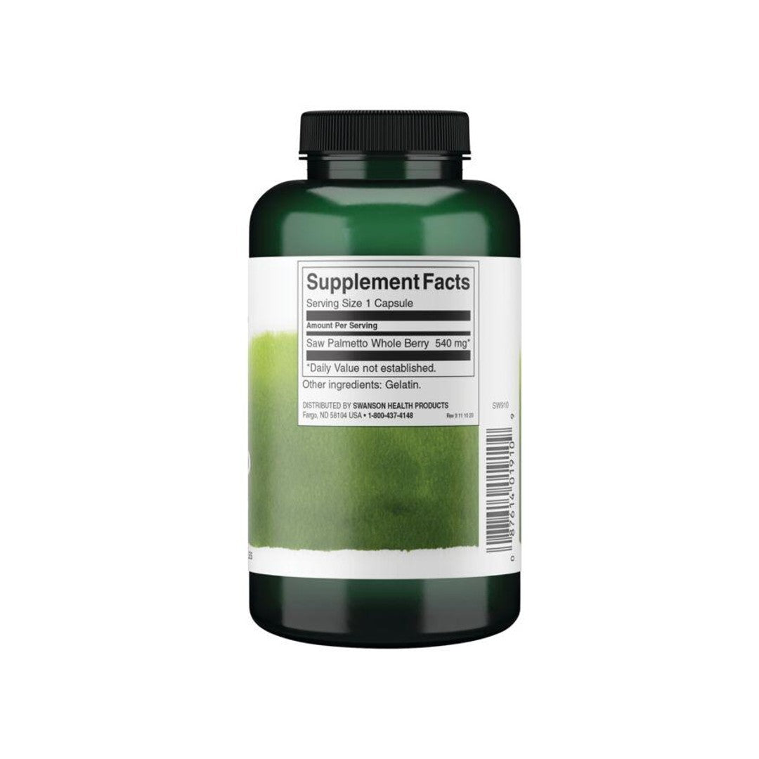 A bottle of green tea supplement with Swanson Saw Palmetto - 540 mg 250 capsules for prostate health and improved urinary tract flow on a white background.