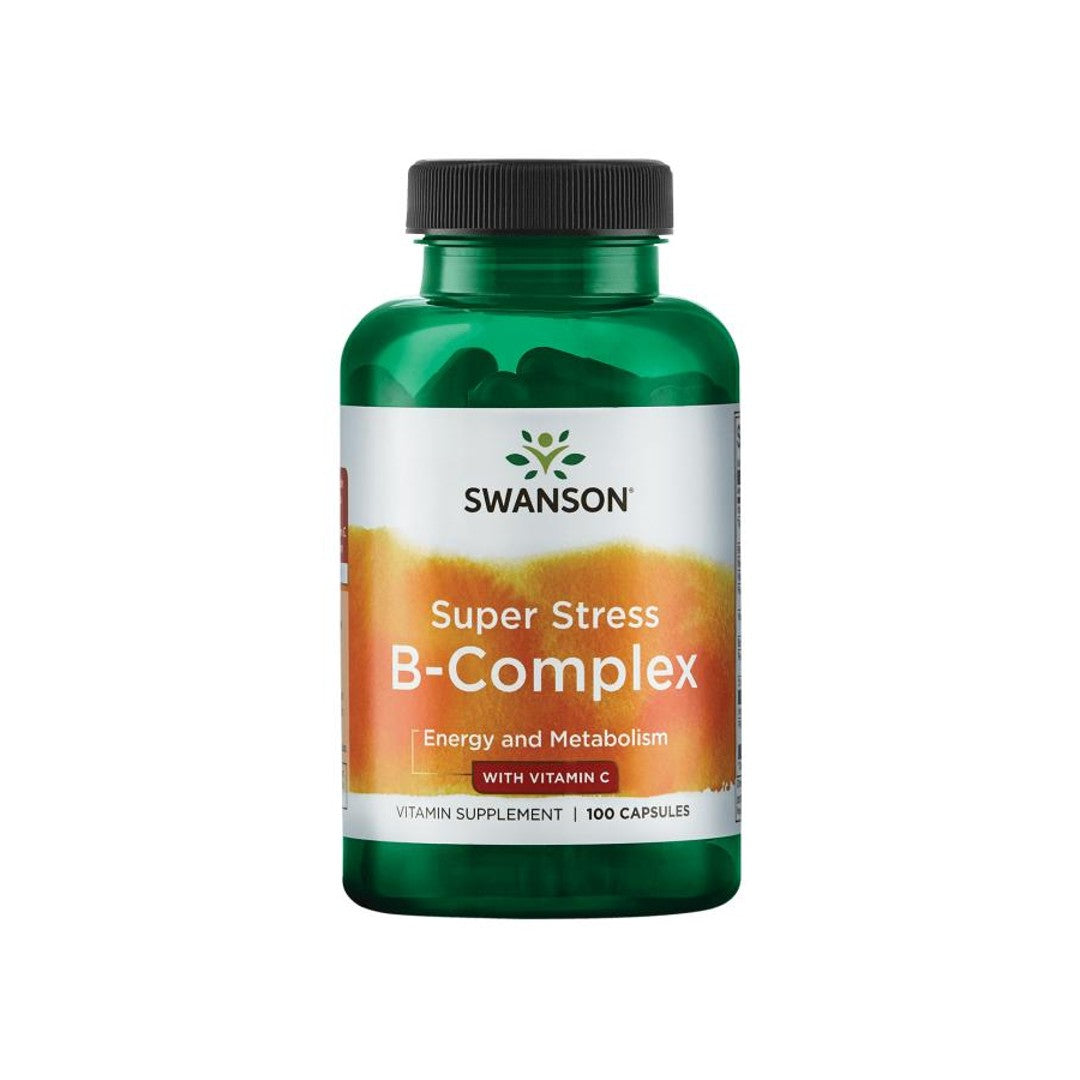 A bottle of Swanson B-Complex with Vitamin C - 500 mg 100 capsules super stress b complex.