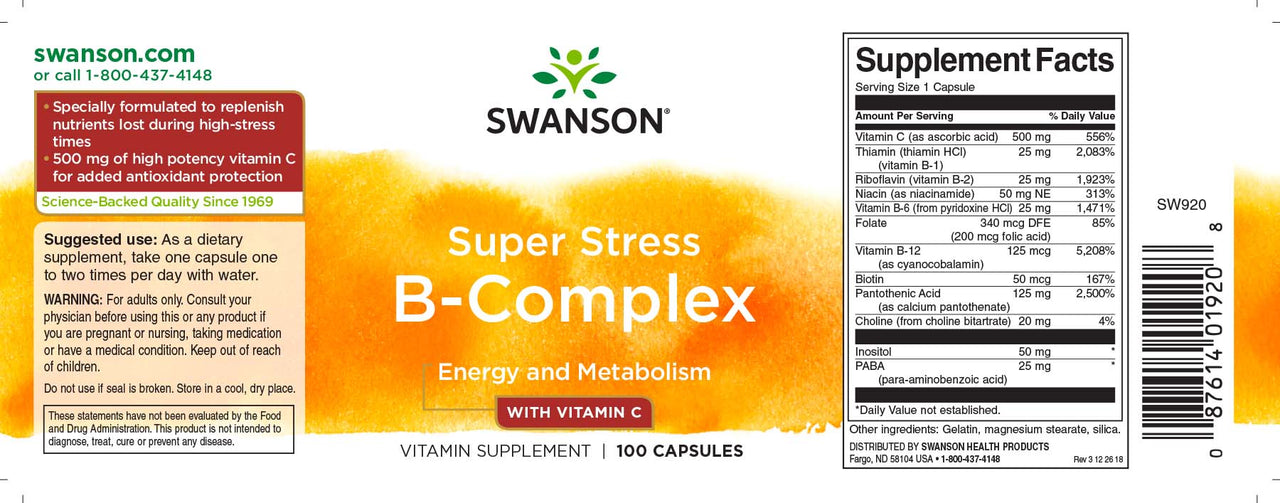 Swanson B-Complex with Vitamin C - 500 mg 100 capsules label.
