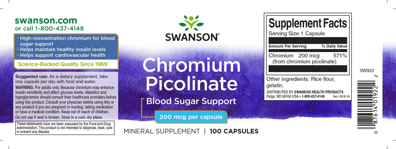 A label with Swanson Chromium Picolinate - 200 mcg 100 capsules.
