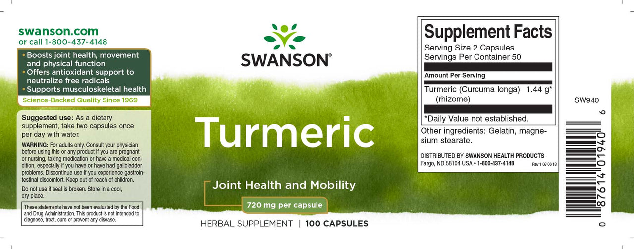 Swanson's Turmeric - 720 mg 100 capsules - A Label for Joint Health and Antioxidant Support.