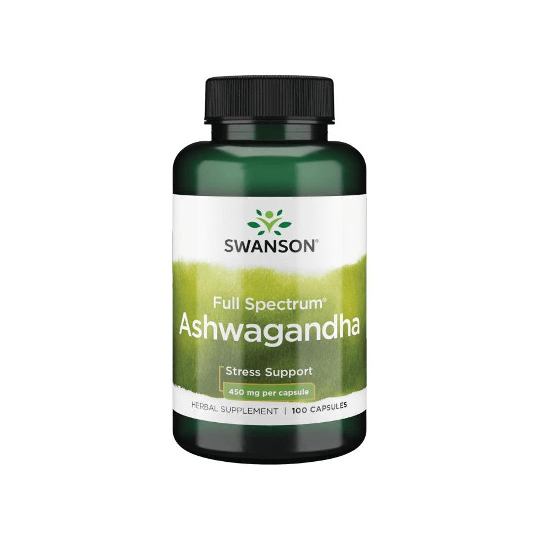 A bottle of Swanson's Ashwagandha - 450 mg 100 capsules supplement.
