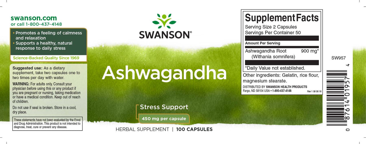 A label for Swanson Ashwagandha - 450 mg 100 capsules.