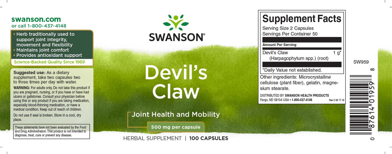 The label for Swanson's Devils Claw - 500 mg 100 capsules.