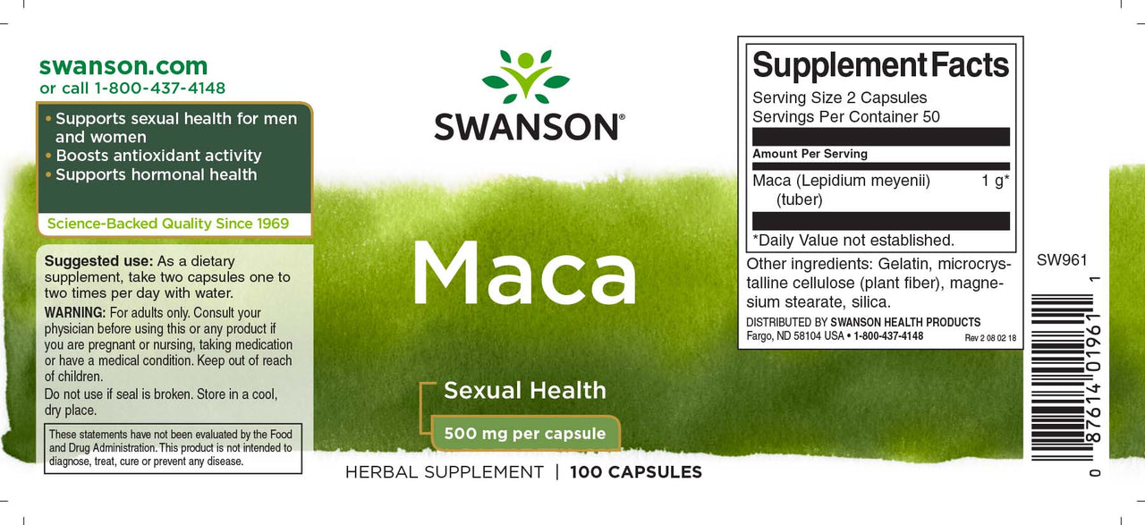 The label for Swanson Maca - 500 mg 100 capsules.