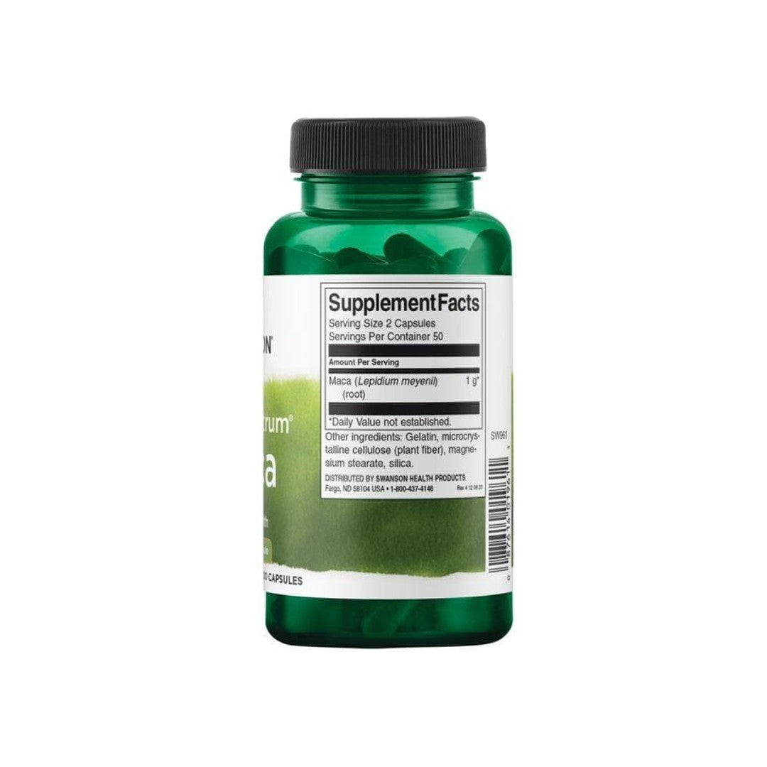 A bottle of Maca - 500 mg 100 capsules by Swanson on a white background.