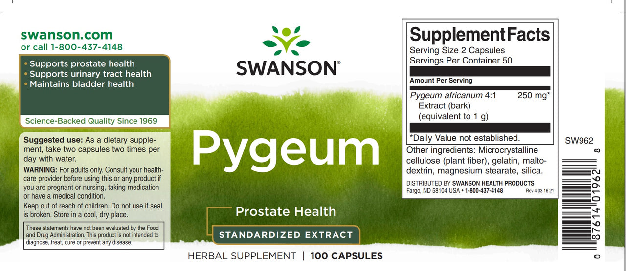 A label for Swanson Pygeum - 500 mg 100 capsules, promoting prostate and urinary tract health.