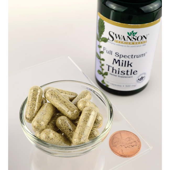 Swanson Milk Thistle Silymarin - 500 mg 100 capsules in a bowl next to a bottle of Swanson Milk Thistle Silymarin - 500 mg 100 capsules.