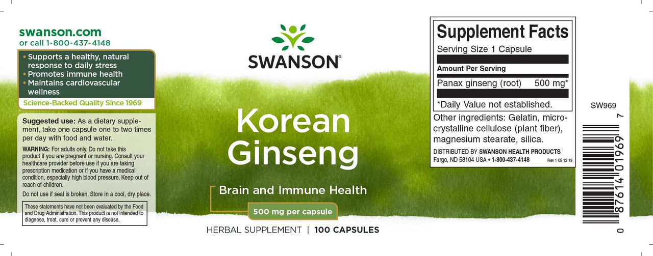 Korean Ginseng - 500 mg 100 capsules - label