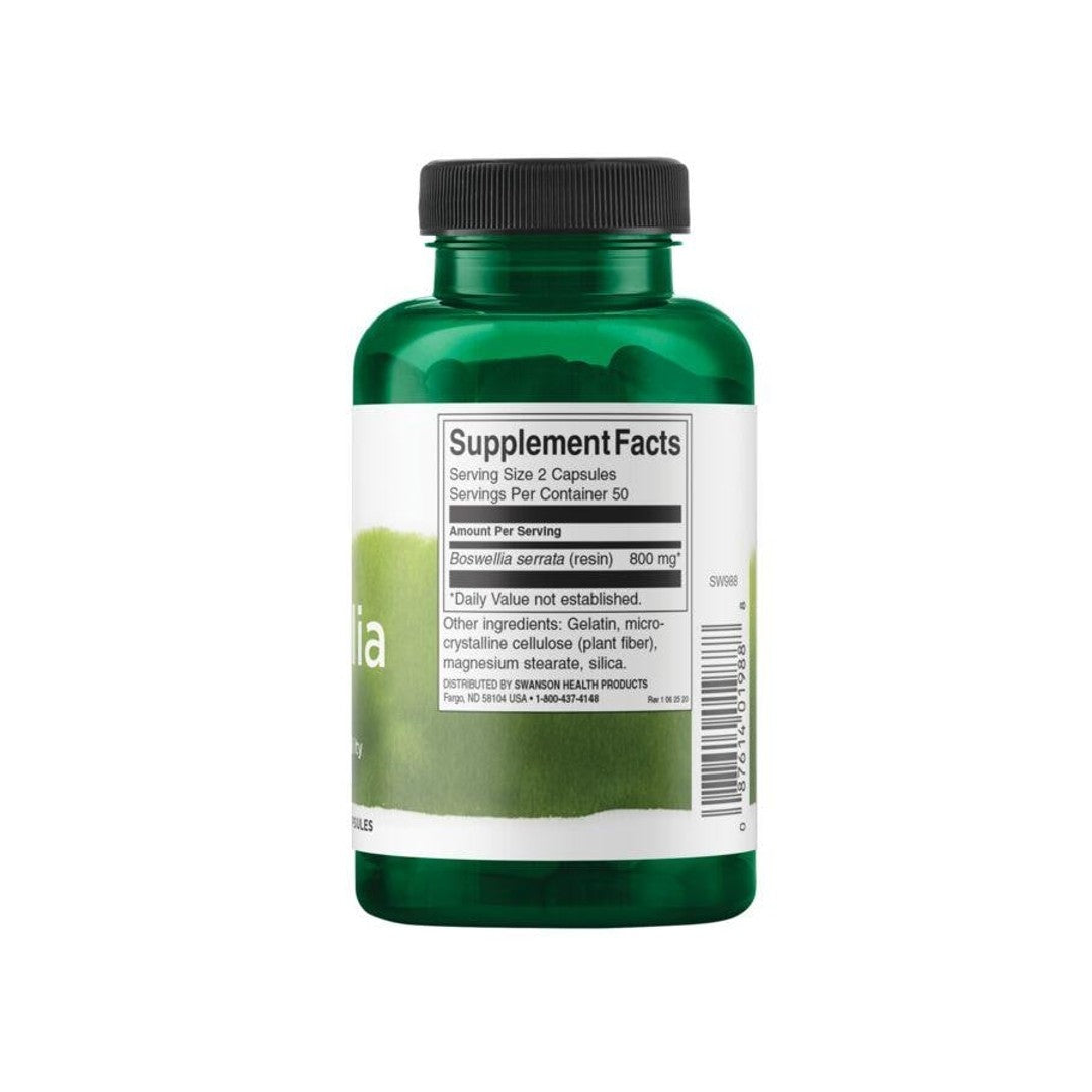 A dietary supplement bottle of Swanson Boswellia - 400 mg 100 capsules on a white background.