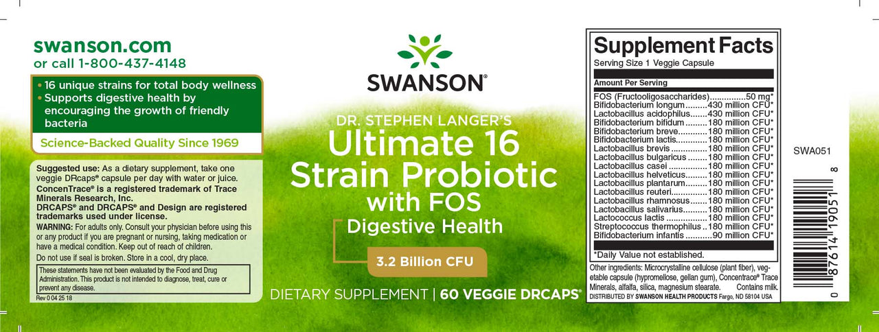 Swanson Dr. Stephen Langer 16 Strain Probiotic with FOS - 60 vege capsules.