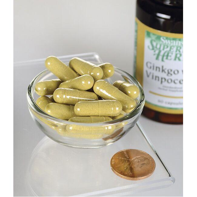 A bottle of Ginkgo with Vinpocetine - 60 capsules by Swanson with a penny next to it.