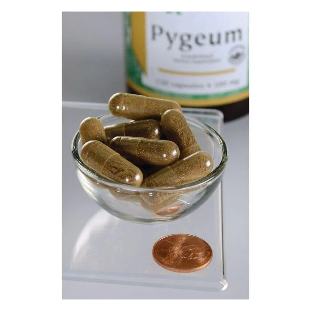 Swanson Pygeum Bark and Extract - 120 capsules in a bowl next to a penny, promoting prostate health.