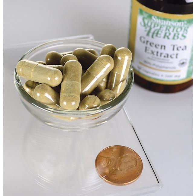 Swanson's Green Tea Extract - 500 mg 60 capsules next to a penny.