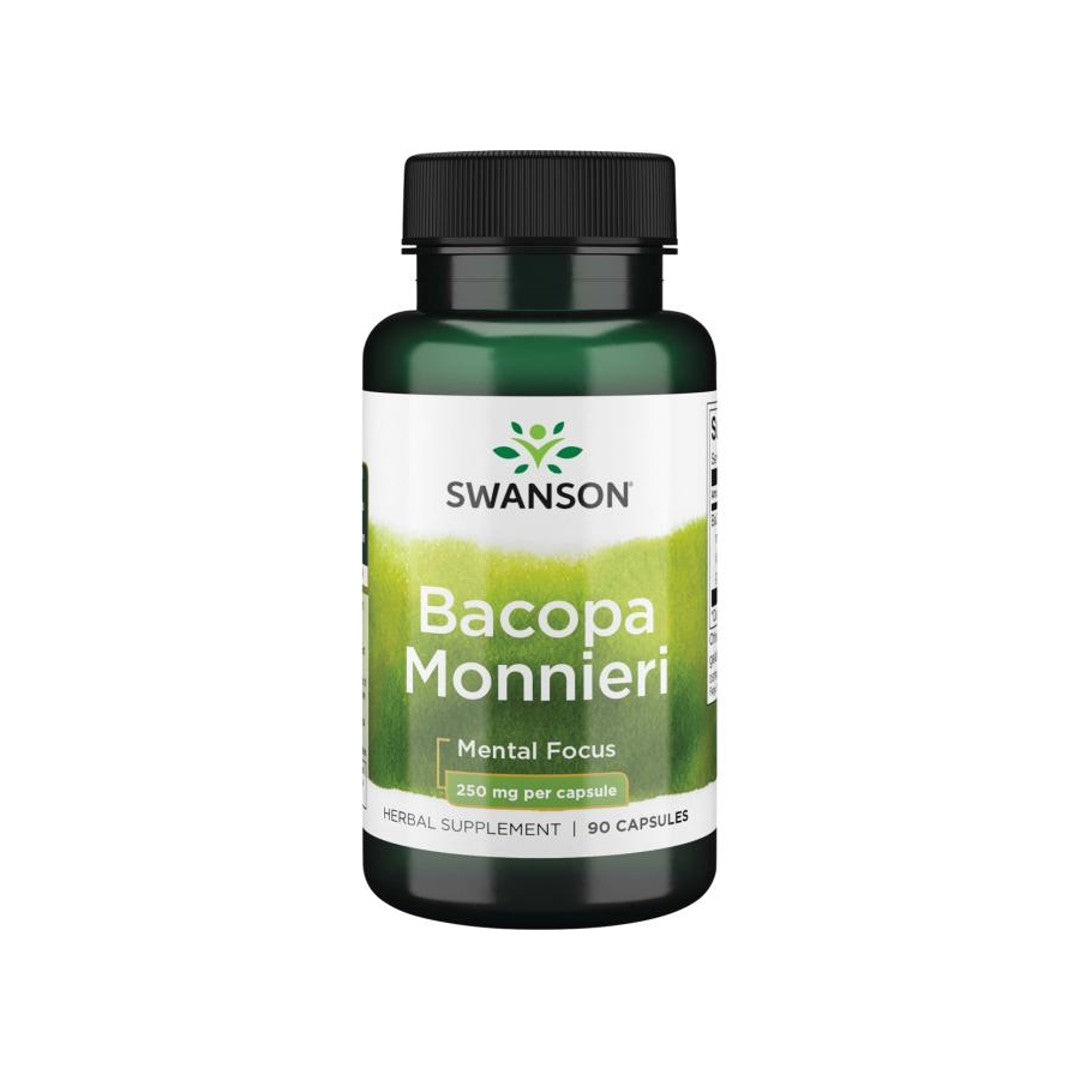 Dietary supplement containing 250 mg of Swanson Bacopa Monnieri in 90 capsules.