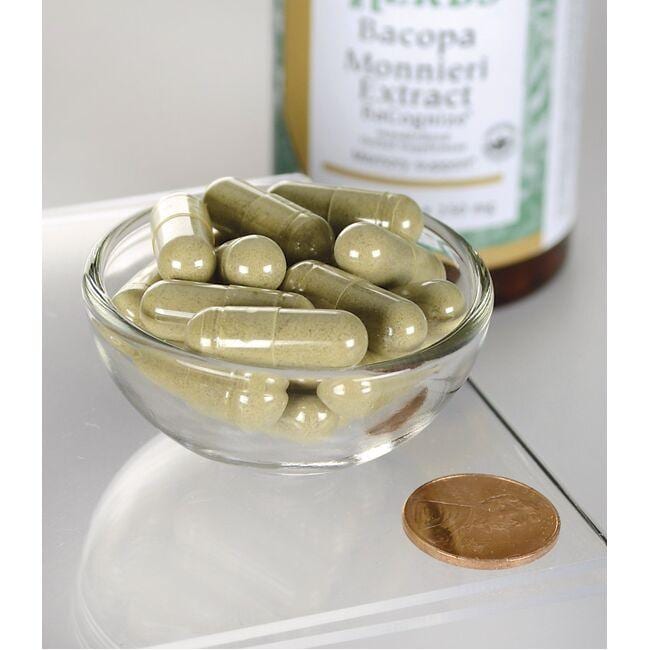 A bottle of dietary supplement Bacopa Monnieri capsules by Swanson with a penny next to it.