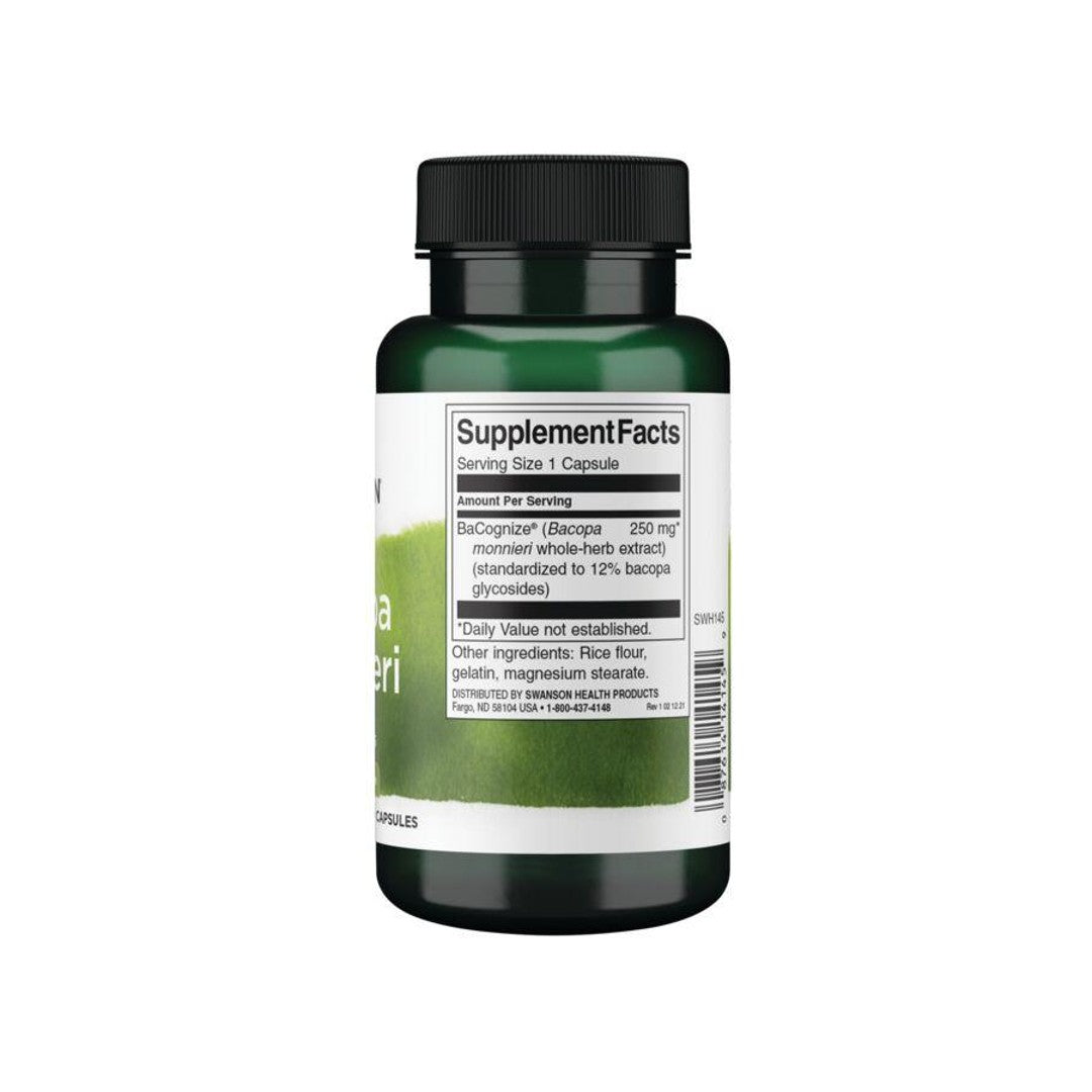 A 250 mg bottle of Bacopa Monnieri capsules, a dietary supplement with green tea extract.