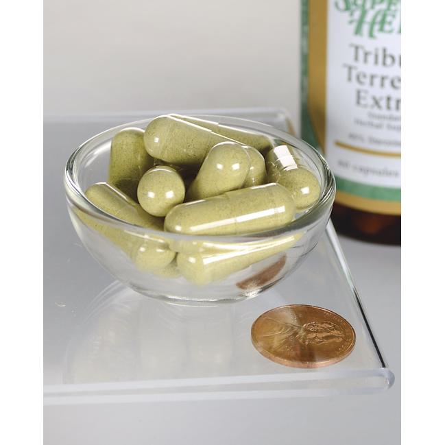 A bottle of Swanson's Tribulus Terrestris Extract - 500 mg 60 capsules is sitting next to a bowl of green.