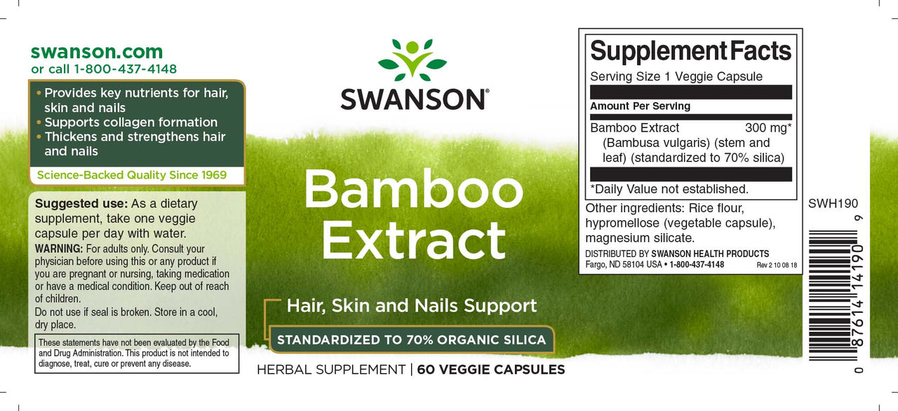 Dietary supplement label for Swanson Bamboo Extract - 300 mg 60 vege capsules.