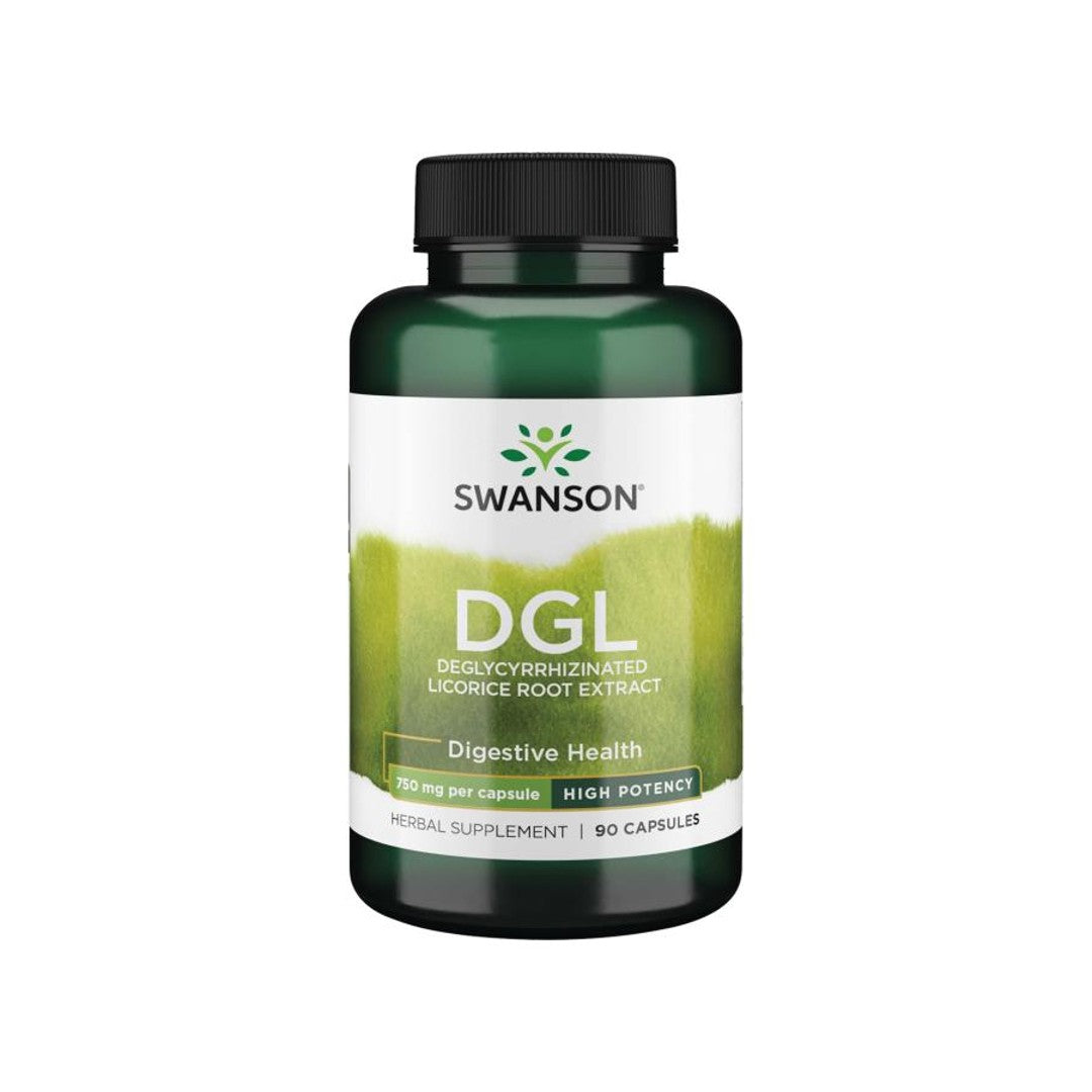 A bottle of Swanson DGL Deglycyrrhizinated Licorice - 750 mg 90 capsules.