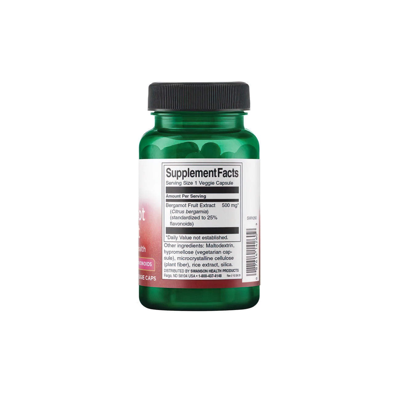 A dietary supplement bottle of Swanson Bergamot Extract 500 mg 30 vcaps on a white background.