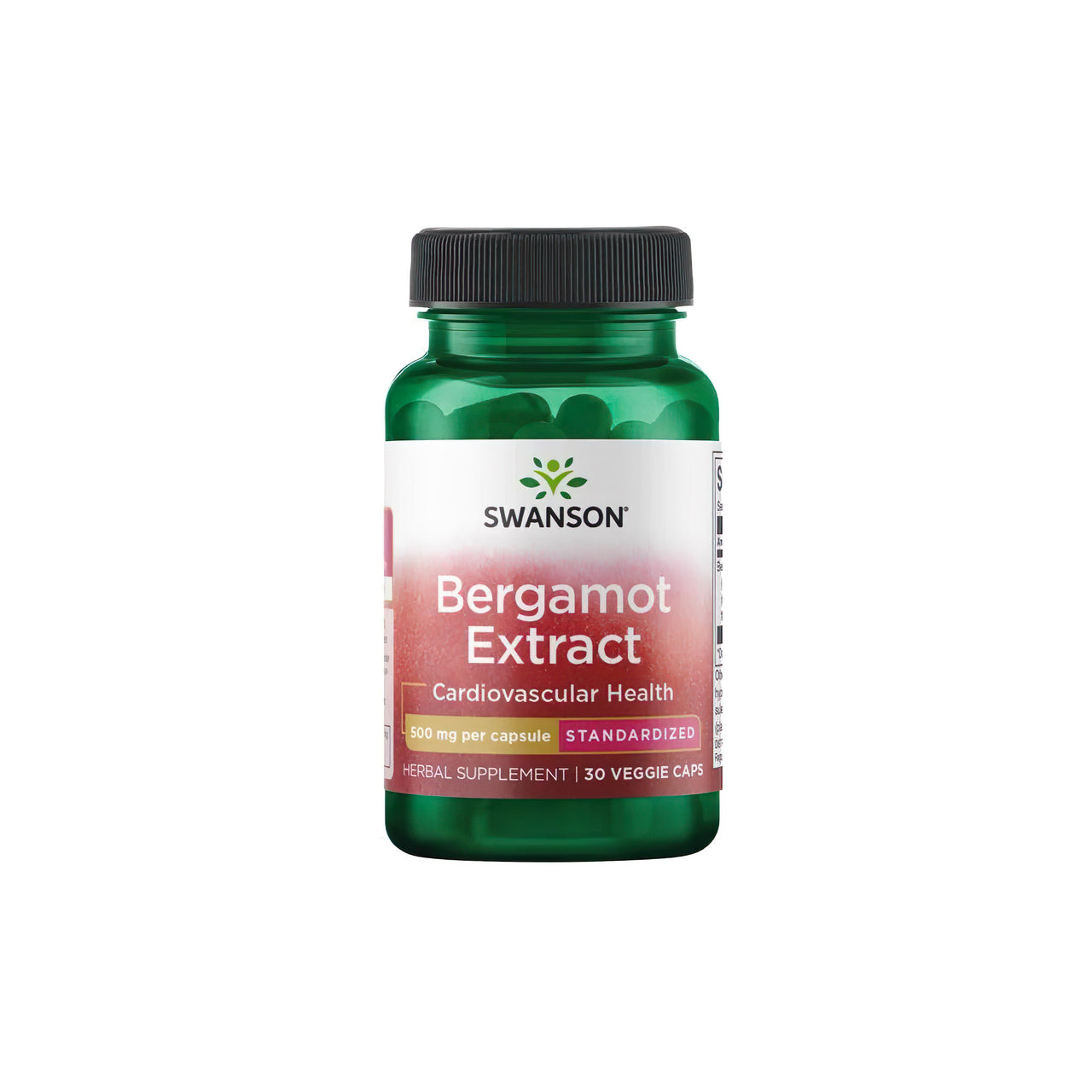 A dietary supplement bottle of Swanson Bergamot Extract 500 mg 30 vcaps.