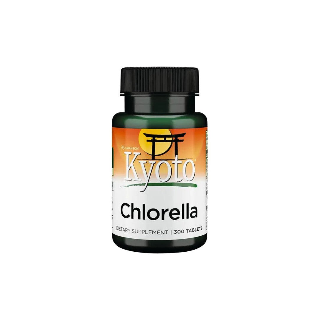 A bottle of Swanson Kyoto Chlorella, known for its detoxifying properties and rich in amino acids.
