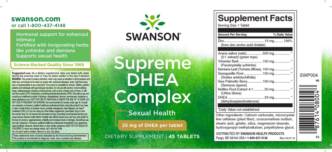 Swanson Supreme DHEA Complex - 45 tabs is a dietary supplement designed to provide hormonal support, specifically targeting sexual health. With the inclusion of DHEA, it aims to promote overall well-being and enhance sexual performance.