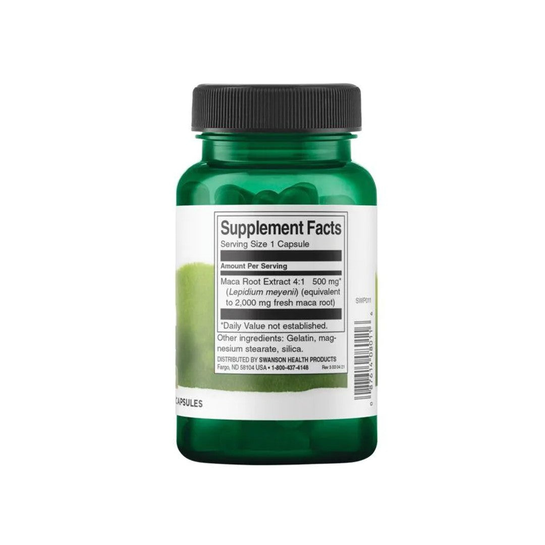 A bottle of Swanson Maca - 500 mg 60 capsules on a white background.