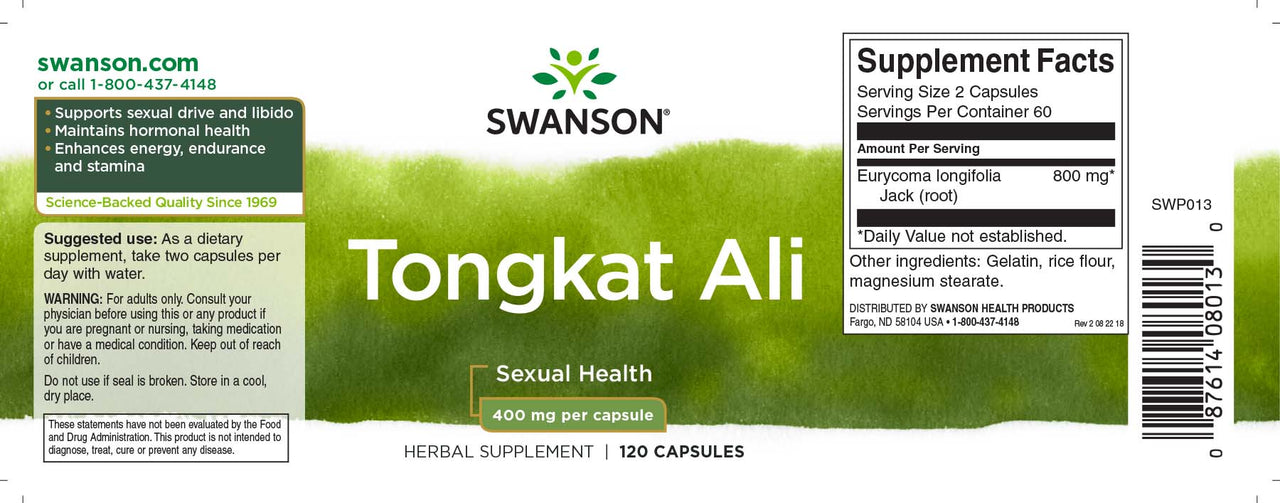 The label for Swanson's Tongkat Ali - 400 mg 120 capsules is specifically designed to enhance sexual drive, endurance, and stamina while also promoting hormonal health.