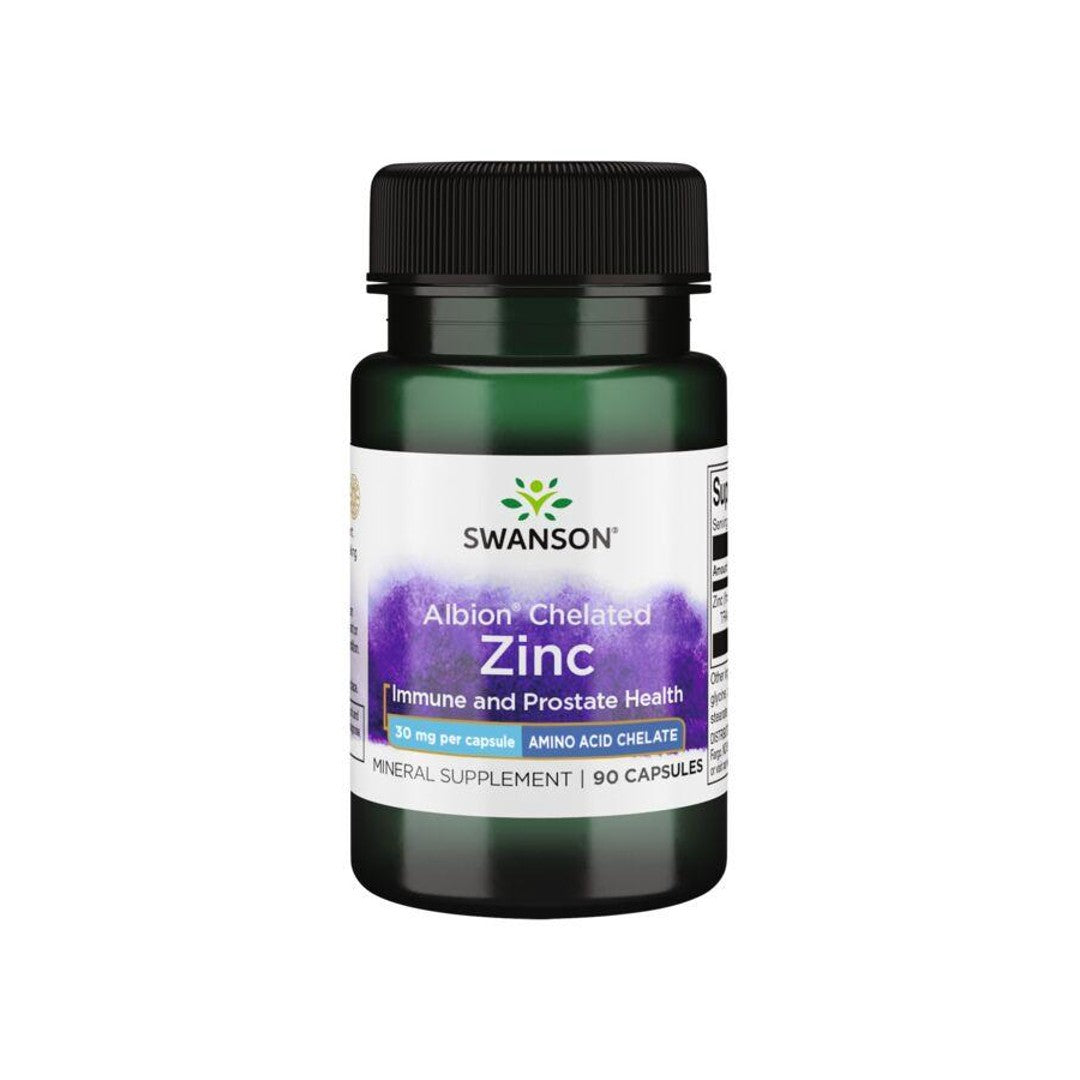 A bottle of Swanson Zinc - 30 mg 90 capsules Albion Chelated with a purple label that supports immune function and prostate health.
