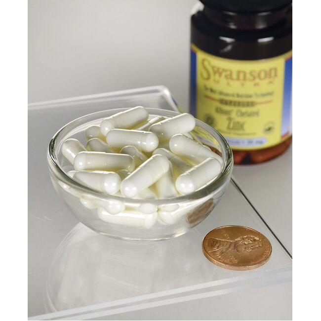 Swanson's Zinc - 30 mg 90 capsules Albion Chelated, known for its positive impact on prostate health and immune function, is elegantly presented in a glass bowl alongside a penny. This captivating scene visually embodies the potential benefits these capsules offer for.