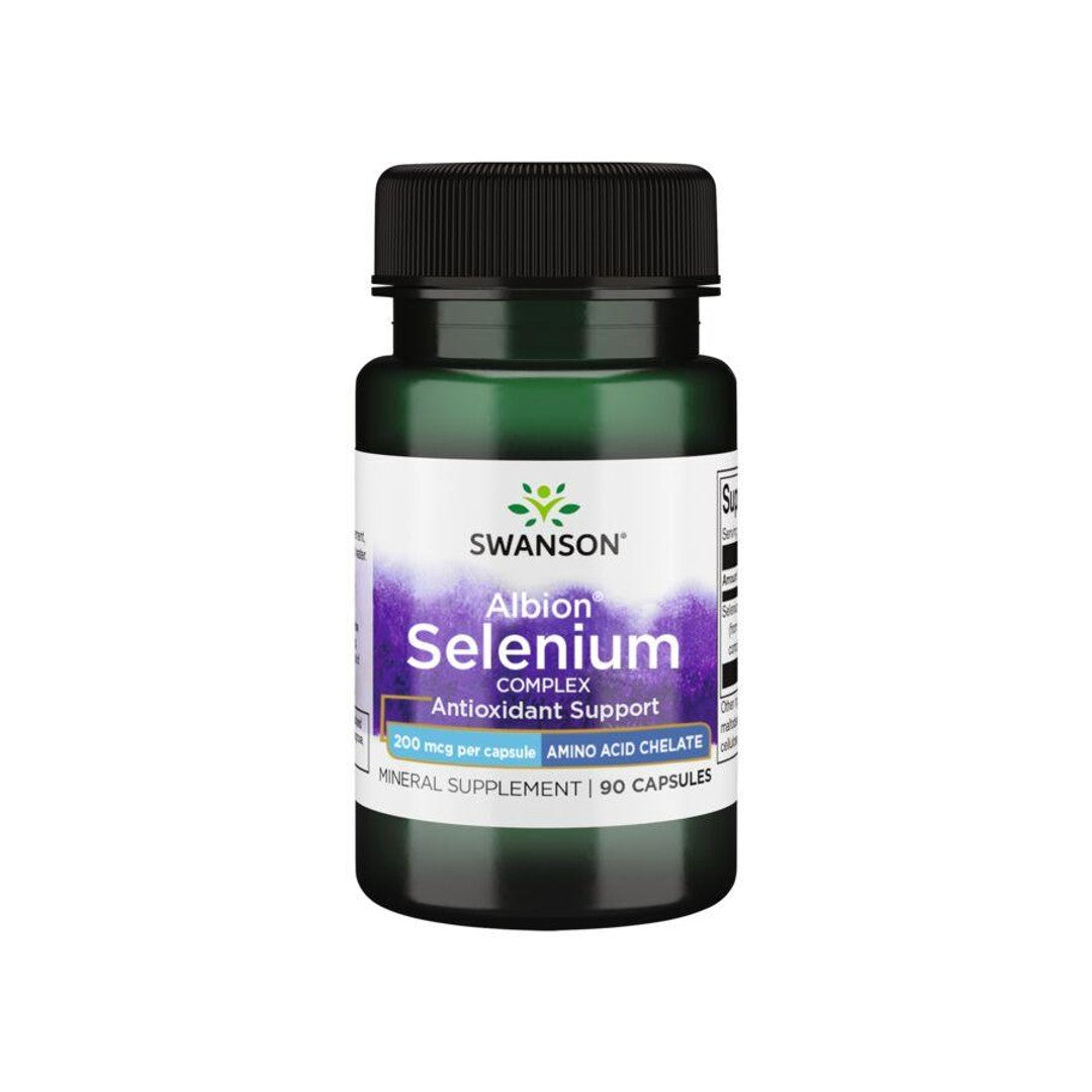 A bottle of Swanson Selenium Complex - 200 mcg 90 capsules Albion Chelated, known for its bioavailability and benefits in reducing the risk of cardiovascular disease.
