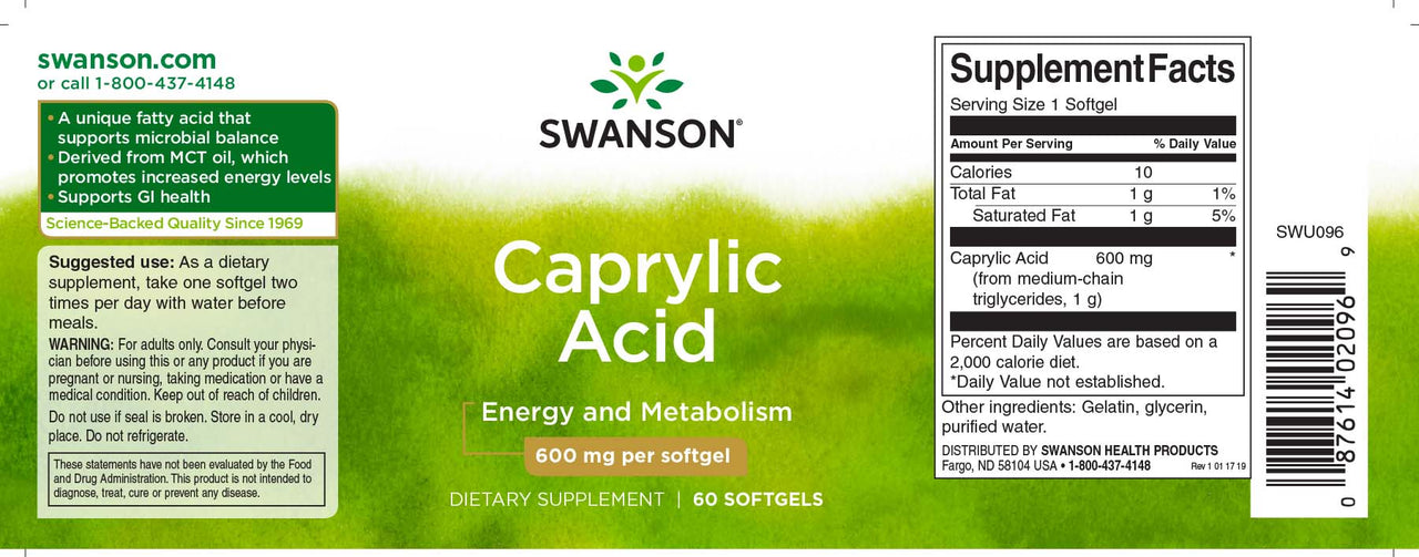 A dietary supplement label for Swanson Caprylic Acid - 600 mg 60 softgel.