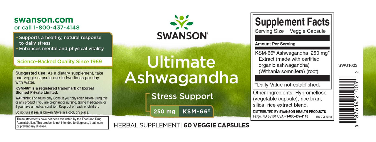 Swanson KSM-66 Ashwagandha - 250 mg 60 vege capsules.