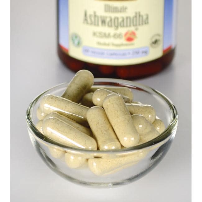 Swanson Ashwagandha - KSM-66 - 250 mg 60 vege capsules in a bowl next to a bottle.