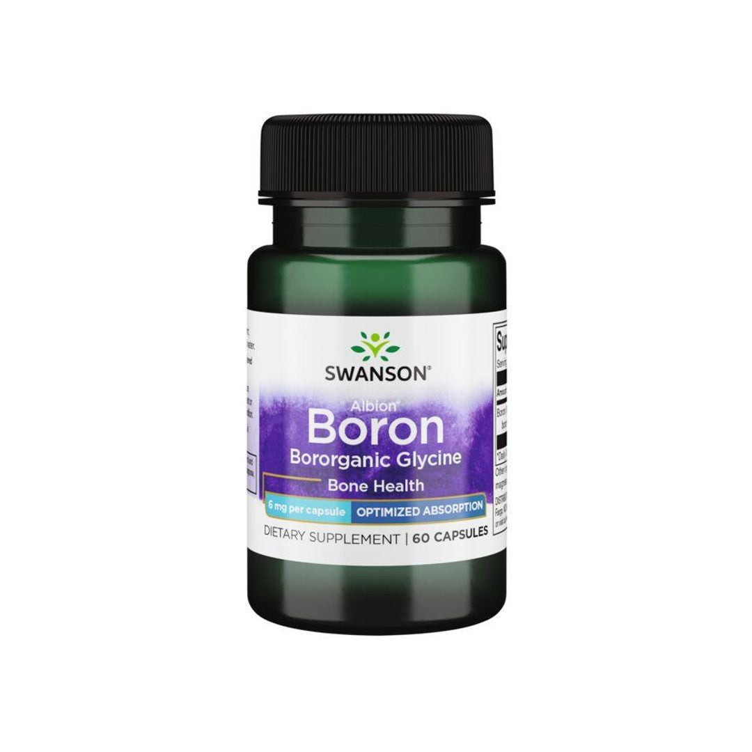 A bottle of Albion Boron Bororganic Glycine - 6 mg 60 capsules by Swanson on a white background.
