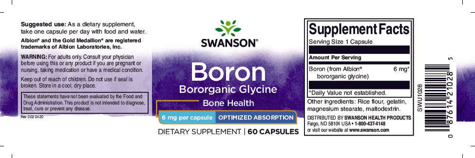 The label for Albion Boron Bororganic Glycine - 6 mg 60 capsules by Swanson.