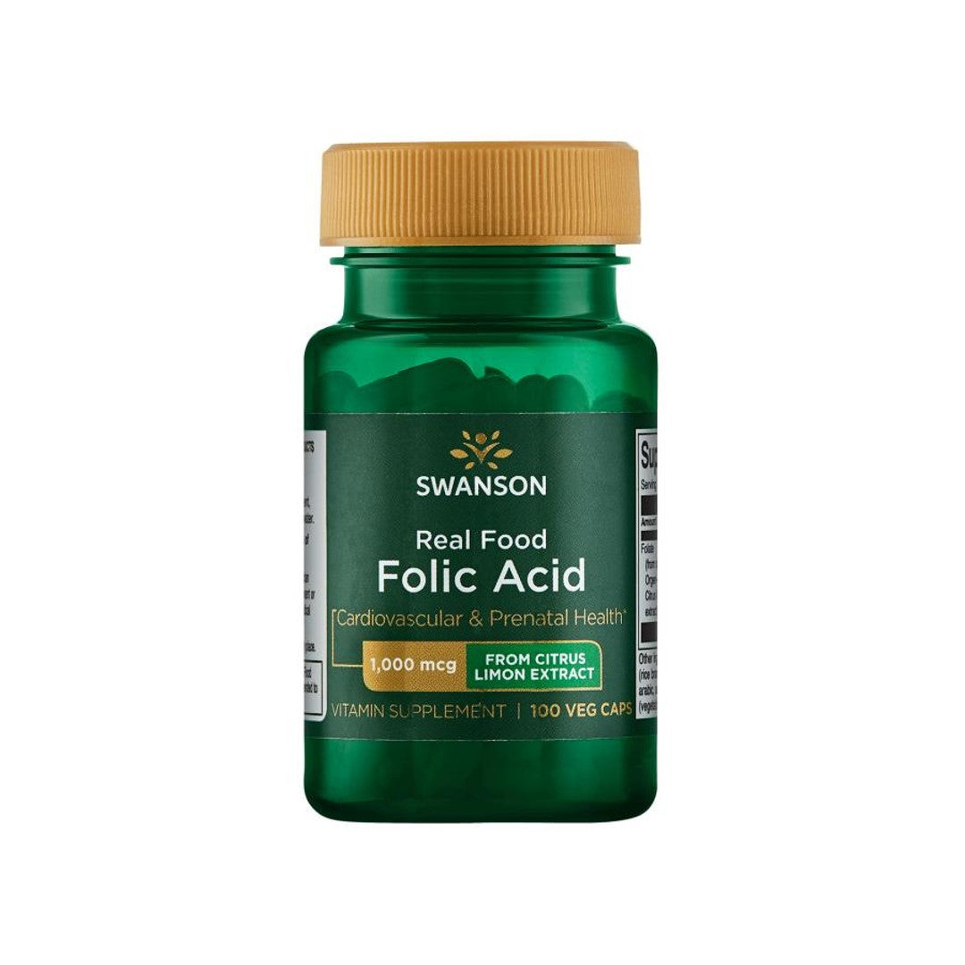 A bottle of Swanson Folic Acid - 1000 mcg 100  veggie capsules Real Food.