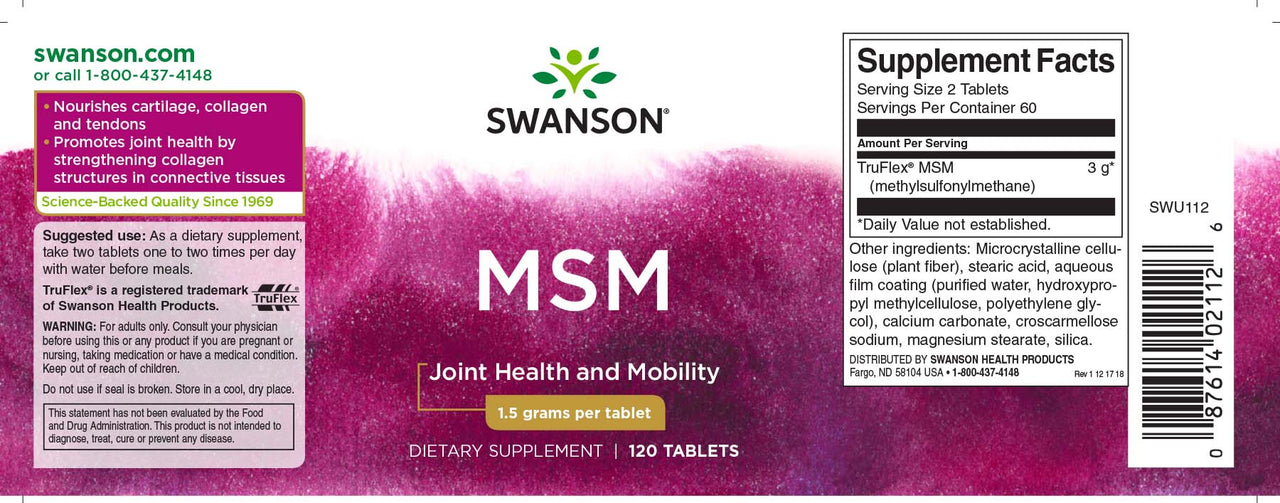 A bottle of Swanson MSM - 1,500 mg 120 tabs with a purple label, known for its joint health benefits and anti-inflammatory properties.