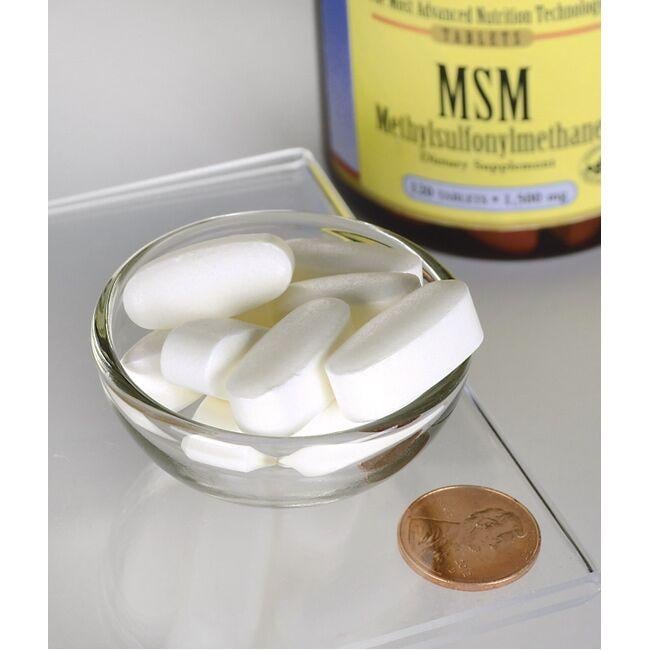 Swanson's MSM - 1,500 mg 120 tabs with anti-inflammatory properties in a bowl next to a penny.