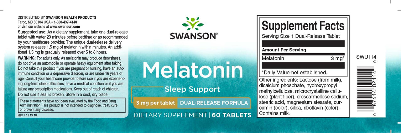 A bottle of Swanson Melatonin - 3 mg 60 tabs Dual-Release for sleep support.