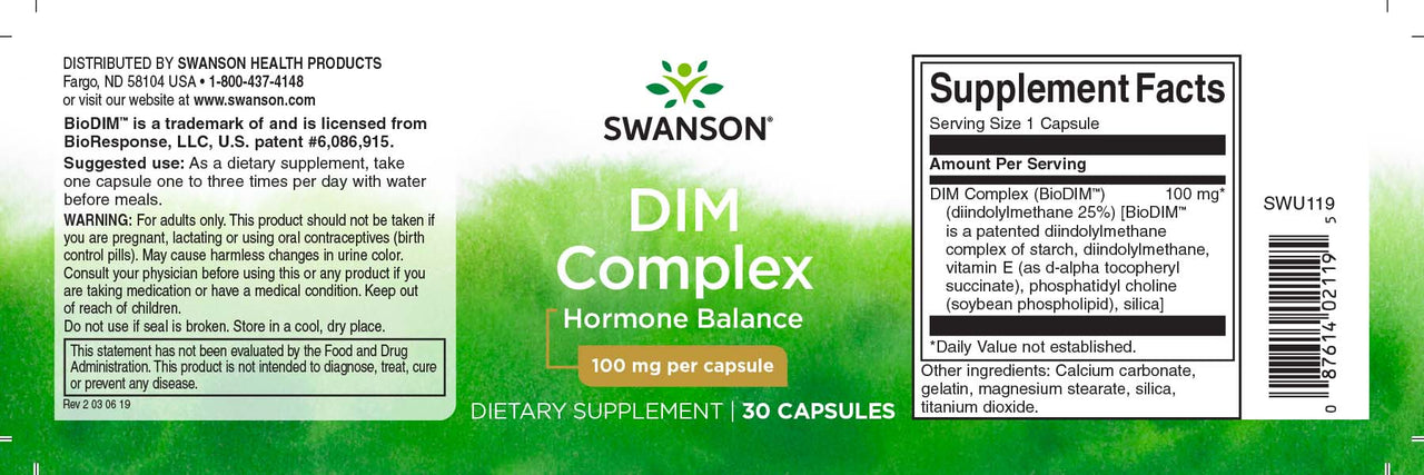 The label for Swanson's DIM Complex - 100 mg 30 capsules.