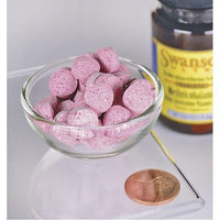Thumbnail for A glass bowl containing pink pills, including Swanson Vitamin B-12 - 5000 mcg 60 tabs Methylcobalamin supplements, placed next to a penny.