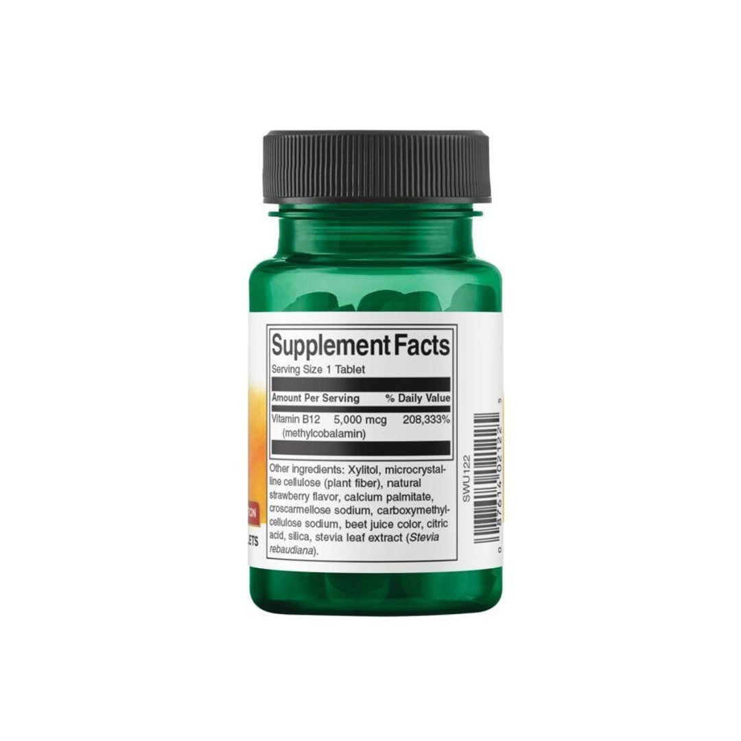 A bottle of Swanson Vitamin B-12 - 5000 mcg 60 tabs Methylcobalamin on a white background, containing B-12 and methylcobalamin for improved brain functioning.