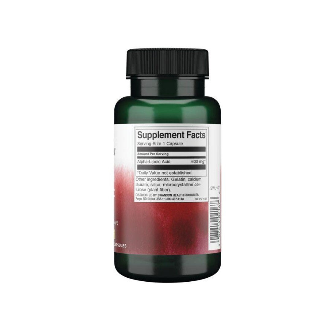 A bottle of Swanson Alpha Lipoic Acid - 600 mg 60 capsules with a red label.