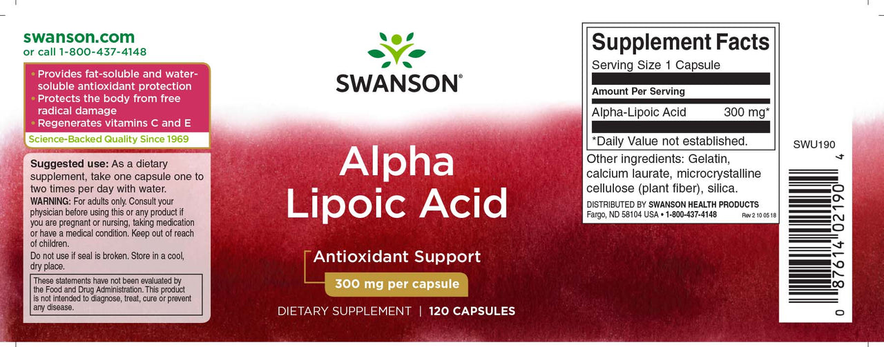 A bottle of Swanson Alpha Lipoic Acid - 300 mg 120 capsules.