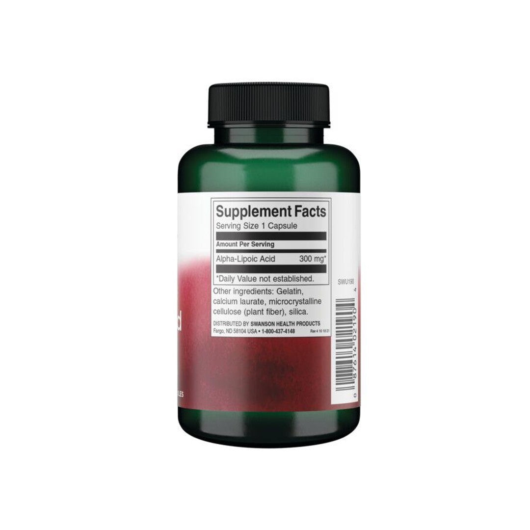 A bottle of Swanson Alpha Lipoic Acid - 300 mg 120 capsules on a white background.