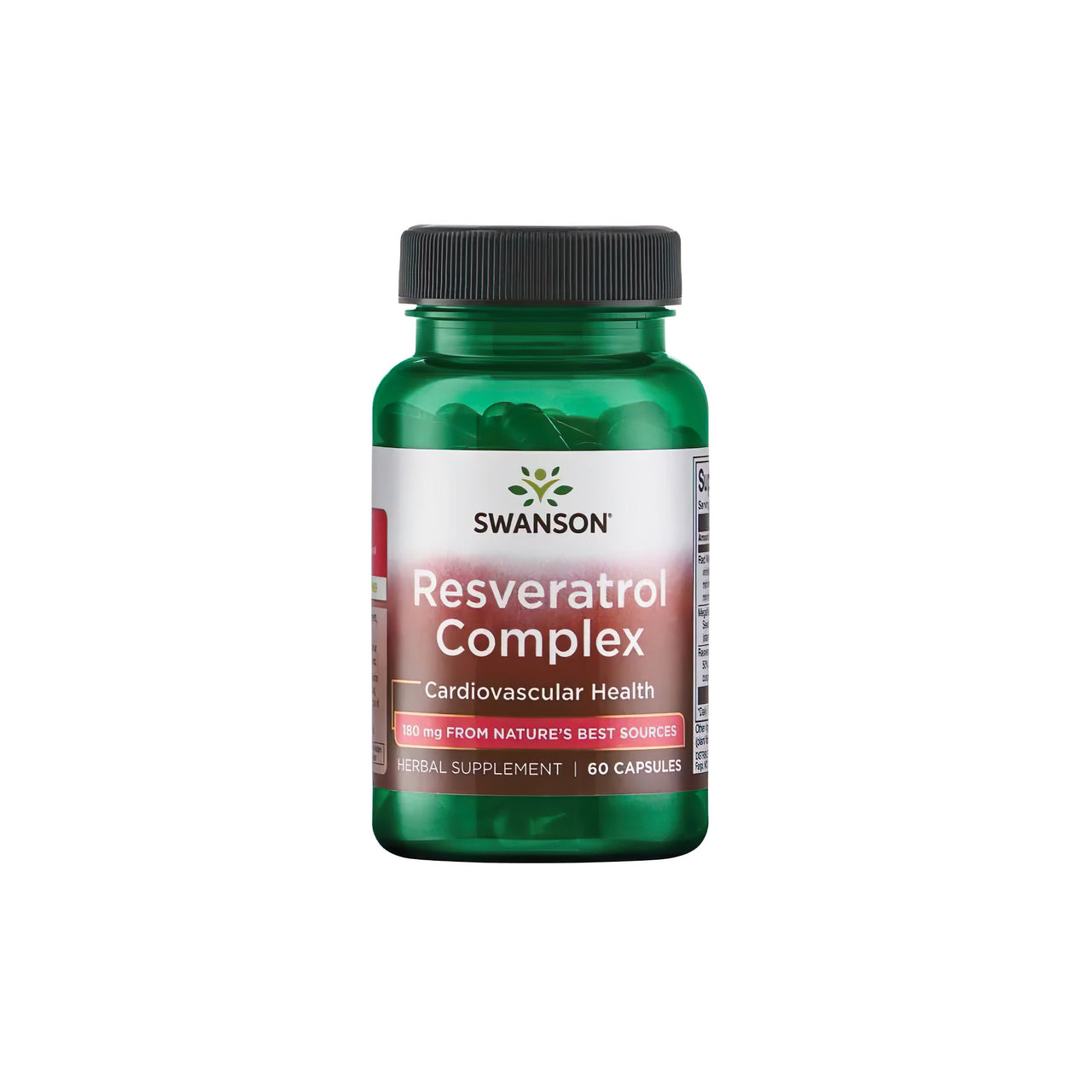 A bottle of Swanson's Resveratrol Complex 60 caps, offering antioxidant protection for the cardiovascular system and promoting cell longevity.